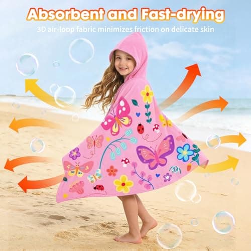 Pinksheep Hooded Bath Towel for Girls Age 3-10,100% Cotton Butterfly Toddler Towel with Snap Buttons,Super Soft and Absorbent Kids Beach & Swim Towel 30x50 Inches — view 2