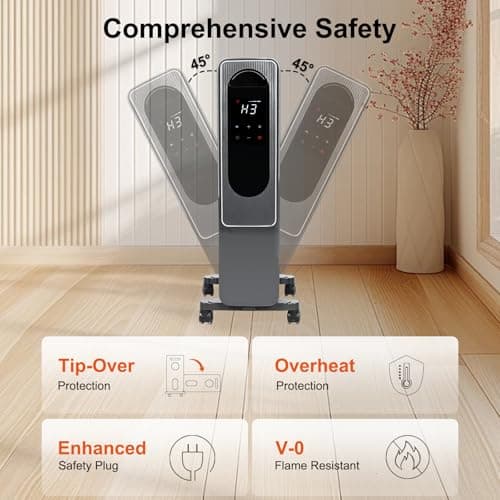 Hykolity Oil Filled Radiator Heater, 1500W Electric Space Heater for Large Room, 7 M-Shaped Fins, ECO, 24H Timer, Digital Thermostat, Power Memory, Overheat & Tip-Over Protection, Home Office — view 4