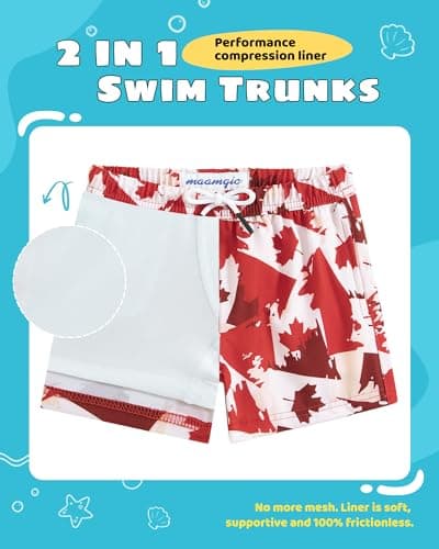 maamgic Boys Swim Trunks with Compression Liner Toddler Stretch Quick Dry Swim Shorts Quick Dry 2 in 1 Beach Shorts, Canada Flags, 8 Years — view 2
