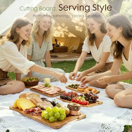 Astercook Deep-Carbonized Bamboo Cutting Boards for Kitchen with Wood Storage Stand, Reversible Charcuterie & Chopping Boards with Juice Grooves and Easy-Grip Handles, Fathers Day Gift for Men — view 6