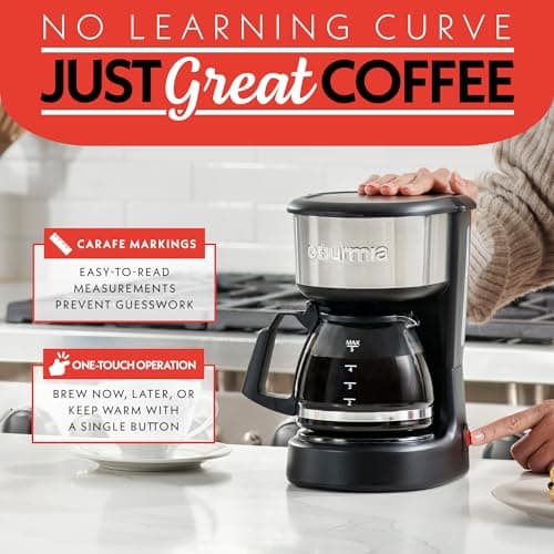 Gourmia 5 Cup One-Touch Drip Brew Coffee Maker – Pause and Serve, Automatic Keep Warm, Easy View Water Window, Compact, Stainless Steel Accents, Black — view 2