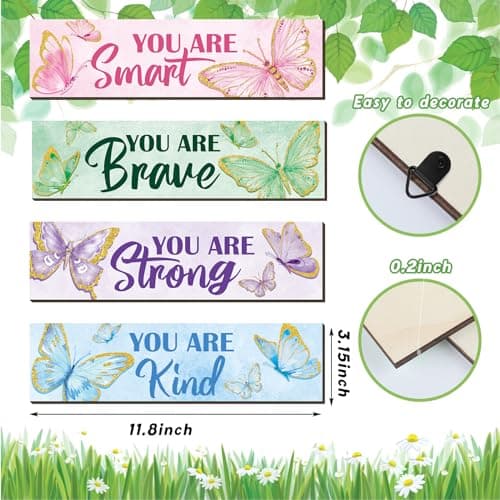 Geetery 4 Pcs Butterfly Inspirational Quote Wooden Sign Bedroom Wall Decor for Men Women Rainbow Room Art Decor Aesthetic Wooden Hanging Wall Sign for Daughter Son Nursery 11.81 x 3.15 Inch