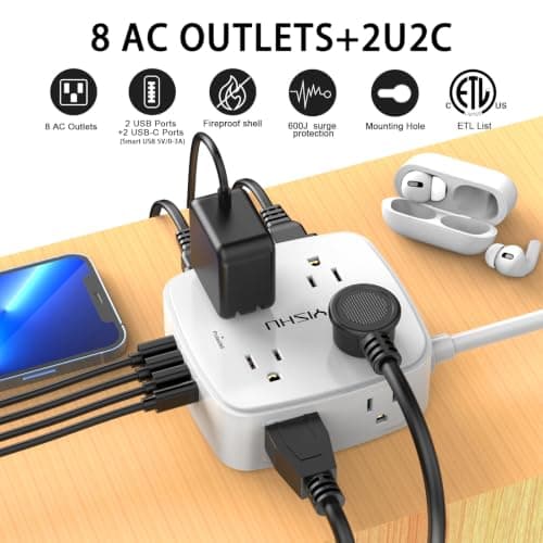 6 Ft Surge Protector Power Strip - 8 Widely Outlets with 4 USB Ports, 3 Side Outlet Extender with 6 Feet Extension Cord, Flat Plug, Wall Mount, Desk USB Charging Station, ETL,White