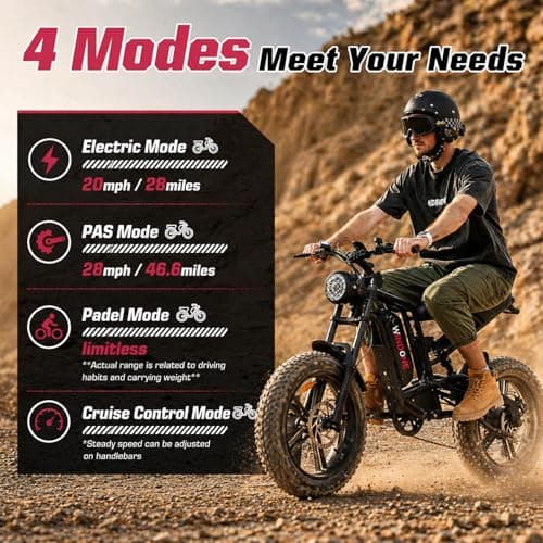 Windone E2 Electric Bike for Adults - 1000W Peak 20" Fat Tire Electric Dirt Ebike, Up to 45KM/H, 75KM Range, 48V 13Ah Removable Battery, Moped Style All-Terrain E Bike for Commuting & Off-Road — view 4