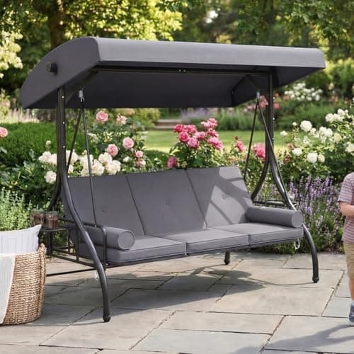 Aoxun Outdoor Porch Swing with Stand and Canopy, 3 Seats Outdoor Swings for Adults, Convertible 2 in 1 Swing Bed with Cup Holder, Patio Swings with Thicken Cushions for Garden, Yard & Balcony, Grey — view 9
