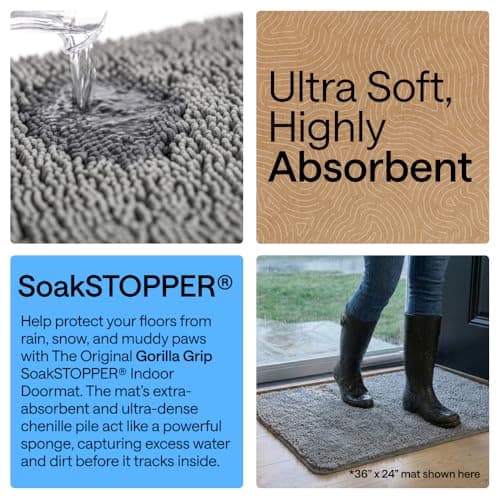 GORILLA GRIP Absorbent Soak Stopper Doormat, Rubber Backing Welcome Mat, Muddy Dog Paws Dirt, Washable Quick Dry Microfiber Chenille Floor Interior Door Mats, Home Décor, 24x17 in Gray — view 3