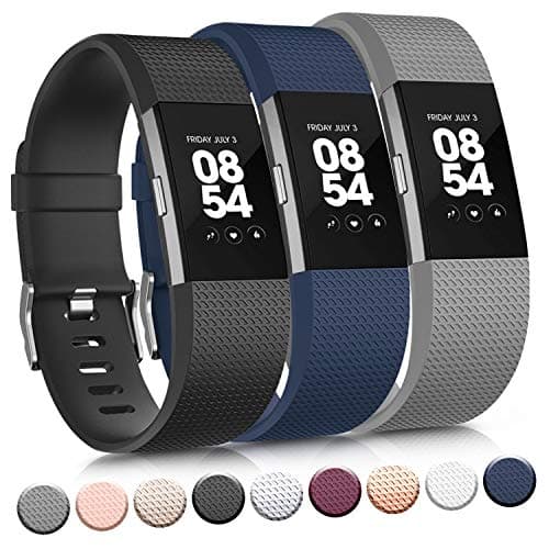 Vancle Replacement Bands Compatible for Fitbit Charge 2 Bands, Soft Silicone Accessory Strap for Fitbit Charge 2 Small Large, No Tracker (003, 3PC(Black+Blue+Grey), Large)