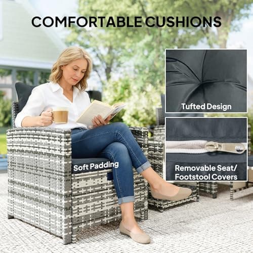 Outsunny 5 Piece Patio Furniture Set, Wicker Patio Chairs with Ottomans, 2-Tier Glass Coffee Table, Cushions, Outdoor Furniture Conversation Set for Balcony, Grey/Dark Grey — view 5