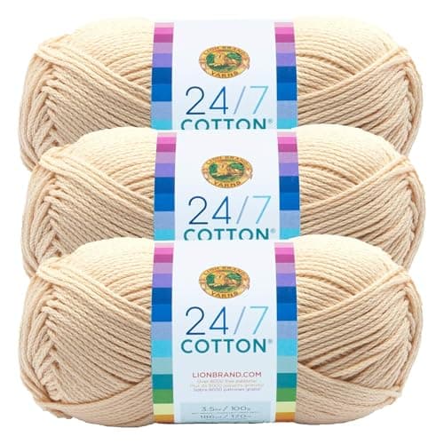 Lion Brand 24/7 Cotton Yarn, Yarn for Knitting, Crocheting, and Crafts, Ecru, Pack of 3