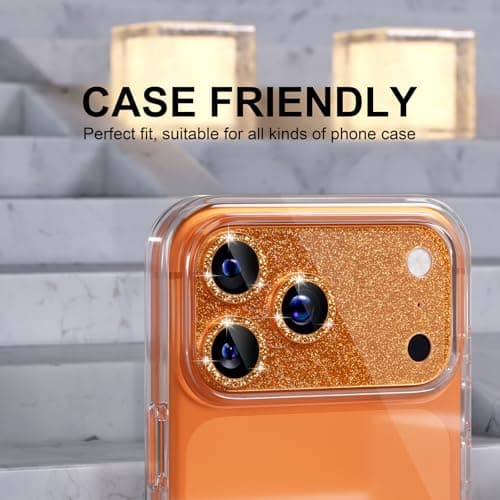 Choiche Compatible for iPhone 17 Pro Max Camera Lens Protector, Bling Camera Cover with 9H Tempered Glass Lens Screen Protector Metal Ring Decoration Accessories 6.9-inch (Glitter-Orange) — view 3
