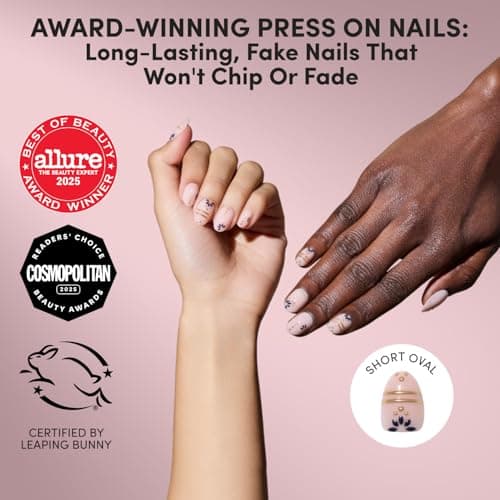 Glamnetic Press On Nails - Short Oval Fake Nails with Greek-inspired Patterns, Gold Foil & Glossy Finish | Salon Quality Vacation Nails | Myko Muse | 15 Sizes - 30 Nail Kit with Glue