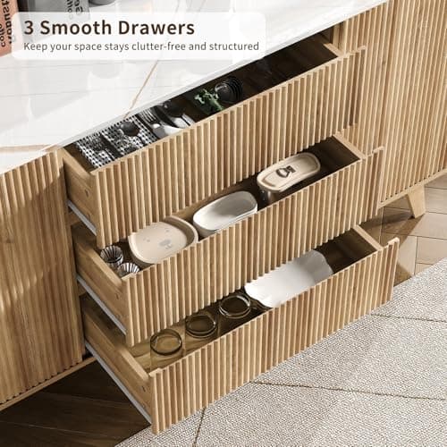62" W Fluted Buffet Cabinet with Sliding Doors, Modern Sideboard Storage Cabinet with Power Outlet & 3 Drawers, Mid-Century Coffee Bar Table for Living Room, Dinning Room, Natural — view 3