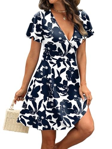 RUMIA Sundresses for Women 2026 Summer Beach Dresses Party A-line Wrap V Neck Dress Spring Clothing Floral Navy 02 L — view 3