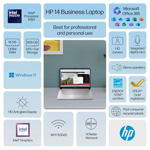 HP 14 Laptop Student Business 2025 Flagship Computer, AI Copilot, 4-Core 13th Gen Intel CPU, 16GB RAM 628GB Storage (128GB UFS+500GB Ext) 1-Yr Office 365 Long Battery HubxcelAccessory Win 11S Lavender — view 2