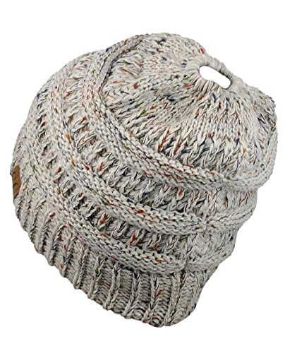 C.C BeanieTail Soft Stretch Cable Knit Messy High Bun Ponytail Beanie Hat, Confetti Oatmeal Mix — view 2