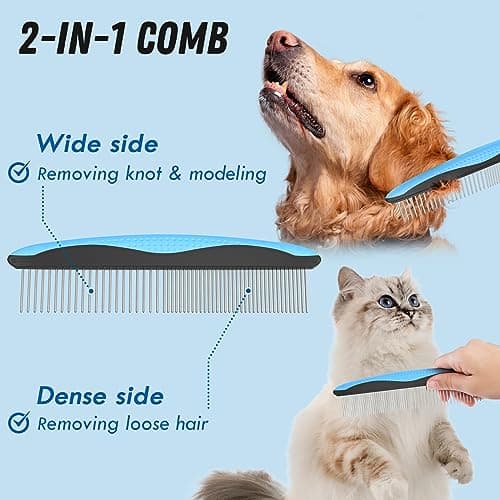 Docrok Pet Grooming Combo - Blue Deshedding Brush with Metal Comb for Detangling and Dematting Long, Matted Fur on Cats and Dogs — view 2