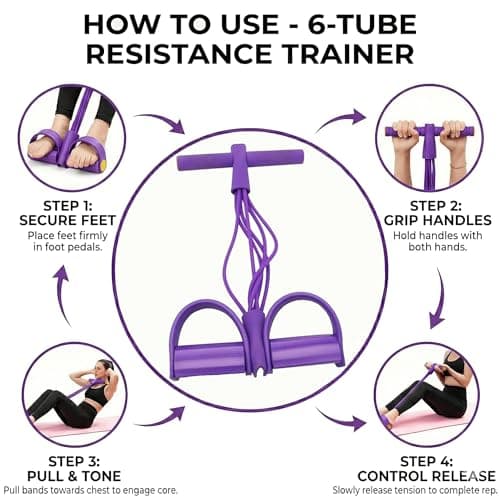 Multi-Function Abdominal Trainer & 6-Tube Elastic Resistance Band with Pedal Puller, Sit-Up Equipment & Bodybuilding Expander, Home Full Body Workout Machine for Yoga, Fitness, Purple — view 4