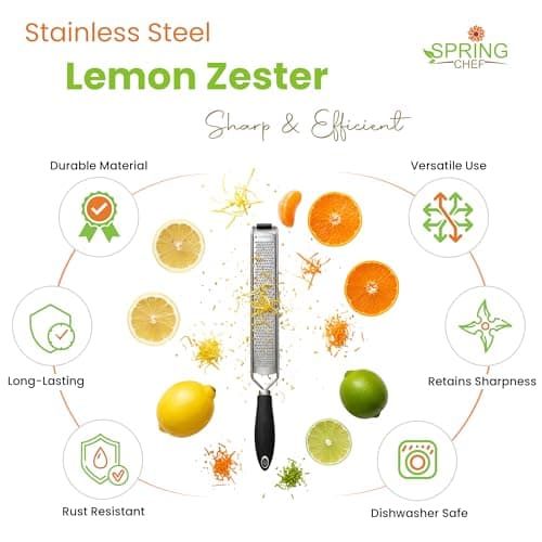 Spring Chef Stainless Steel Lemon Zester Grater with Handle - Garlic, Cheese, Parmesan, Nutmeg, Lime, Ginger Grater - Heavy Duty Kitchen Tool - Citrus Zester with Blade Cover - Fine Shred - Black