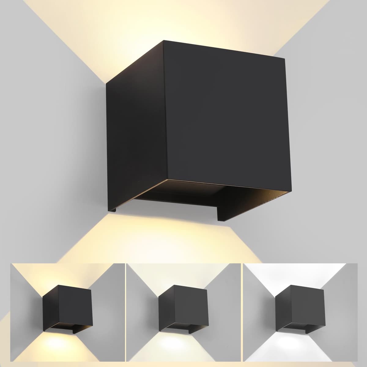 FUPE LED Aplique de Pared Exterior Interior Luz Ajustable de 3 Colores Lámparas de Pared Moderno Negro 15W IP65 Impermeable Apliques de exterior cuadrada de aluminio Ángulo de luz ajustable 11CM