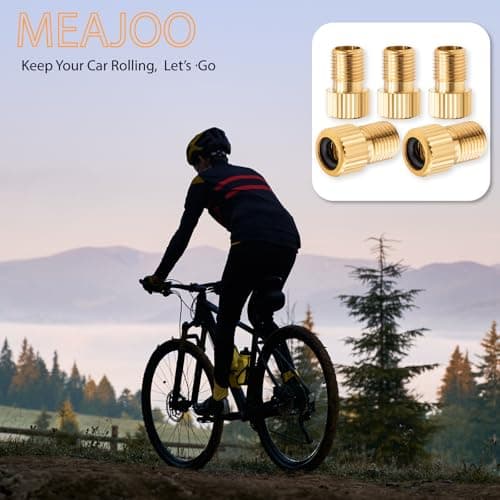 MEAJOO 4PCS Brass Presta Valve Adapter, Convert Presta to Schrader Adaptor, Inflate Tire Using Standard Pump or Air Compressor for Bikes, 8 x Black Tire Valve Caps (Vertical Grain Style) — view 5