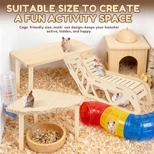 3-Piece Set Hamster Play Wooden Platform, Hamster Hides Tunnel Shelter w Ladder, Small Animal Wood Stand, Hamster Toys Cage Accessories for Dwarf Syrian Hamsters Gerbils Mice Degus or Other Small Pets — view 3