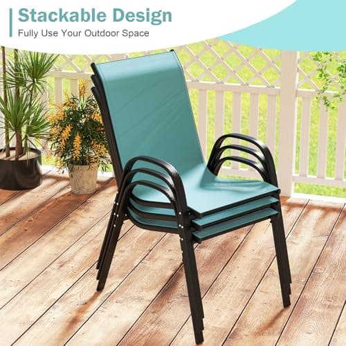 COSTWAY Patio Dining Chairs Set of 4, Stackable Outdoor Chairs with Armrest and High Back, Breathable Fabric & Metal Frame Chair for Garden Poolside Backyard Deck (Turquoise) — view 6
