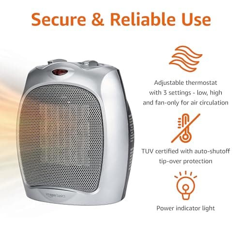 Amazon Basics Ceramic Space Heater, Portable Indoor Heating Solution, With Overheat and Tip-Over Protection, Thermostat, Non-Oscillating, 1500W, Fast Heating, 7.52"D x 6.34"W x 9.45"H, Silver