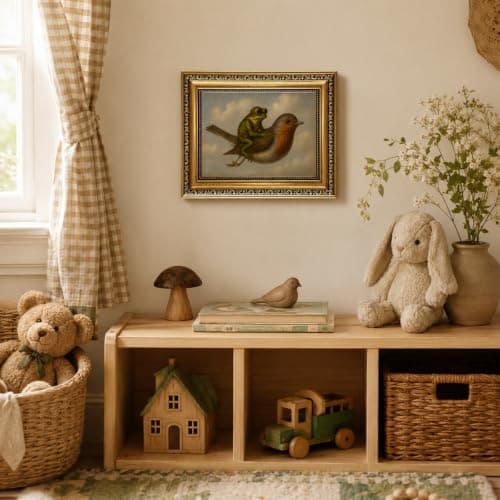 WZGZXU Gold Framed Wall Art Vintage Pictures Wall Decor Frog Riding Bird Canvas Art Funny Paintings Animal Prints Antique Artwork For Living Room Bedroom 8x10in — view 2