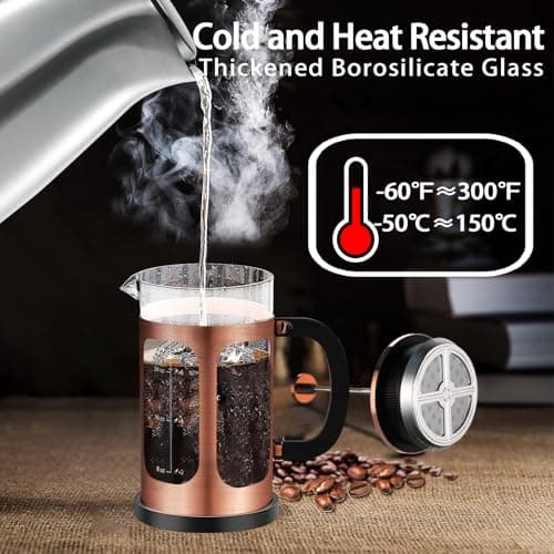 YMMIND French Press Coffee Maker (34oz 1Quart 5-6Cup) Coffee Press, with 4 Filters System, Heat Resistant Thickness Borosilicate Glass, Cold Brew Coffee Tea Pot Gifts (Copper) — view 2