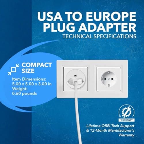 OREI American USA To European Plug Adapter – Type E/F Schuko Plug Adapter - Use in Germany, France, & More - CE Certified – For Mobile, Laptop & Camera Chargers - 6 Pack — view 3