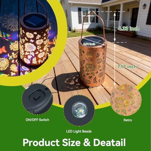 UZIMOO Solar Sunflower Lanterns Outdoor, Waterproof Hanging Lantern Lights, Hollowed-Out Metal Decor Lantern, Multicoloured LED Garden Decoration Light for Patio, Yard, Pathway, Landscape, Lawn — view 3