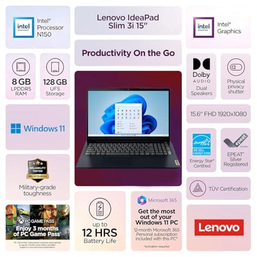 Lenovo IdeaPad Slim 3i • 15.6" FHD Laptop with Microsoft 365 Included • Intel N150 • 8GB DDR5 • 128GB SSD • Windows 11