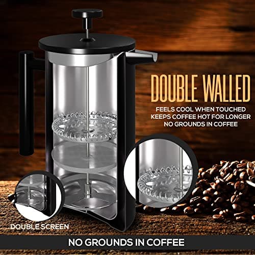Utopia Kitchen 304 Grade Stainless Steel French Press Coffee Maker 12 Oz, Double Wall Insulated Coffee Press with 4-Level Filtration system, Include 2 Extra Filters, Rust-Free, Black — view 4