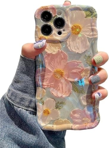 EYZUTAK Case for iPhone 13 Pro Max, Colorful Retro Oil Painting Flower Laser Glossy Pattern Cute Curly Waves Border Exquisite Phone Cover Stylish Durable TPU Protective Case for Girls Women - Green — view 8