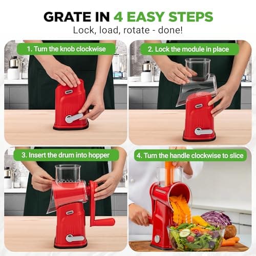 NutriChef 5 in 1 Cheese Grater & Shredder | 5 Different Blades for Thin, Thick, Julienne Strips, Wavy, & Straight Strips | Includes Hand Crank, Strong Suction Base & Storage Container | Red