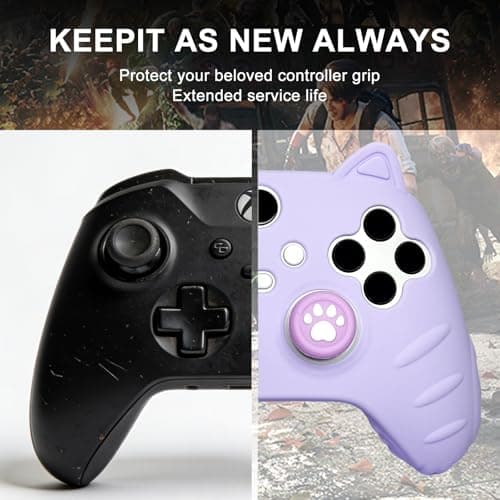 HLRAO Purple Cat Ear Xbox Series Controller Cover - Cute Silicone Skin with Cat & Paw Prints + 2 Matching Cat Paw Thumbstick Caps | Kawaii Cute Stickers Non-Slip Grip for Xbox Series X/S Controller — view 4