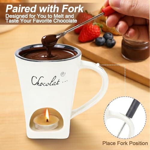Chocolate Fondue Mug with Fork Sweet Ceramic Personal Chocolate Melting Cup Chocolate Fondue Mug Ideal Gifts for Birthday Date Night Birthday Wedding Gifts (white)