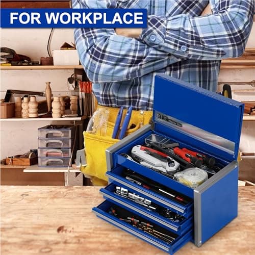 P.I.T. Mini Tool Box 8.6"W X 4.6"D, Portable 3 Drawer Steel Stackable Blue Tool Box with Magnetic Tab Locking, Blue Micro Top Chest with Liner for Tools Storage and Organizers, Home DIY — view 4