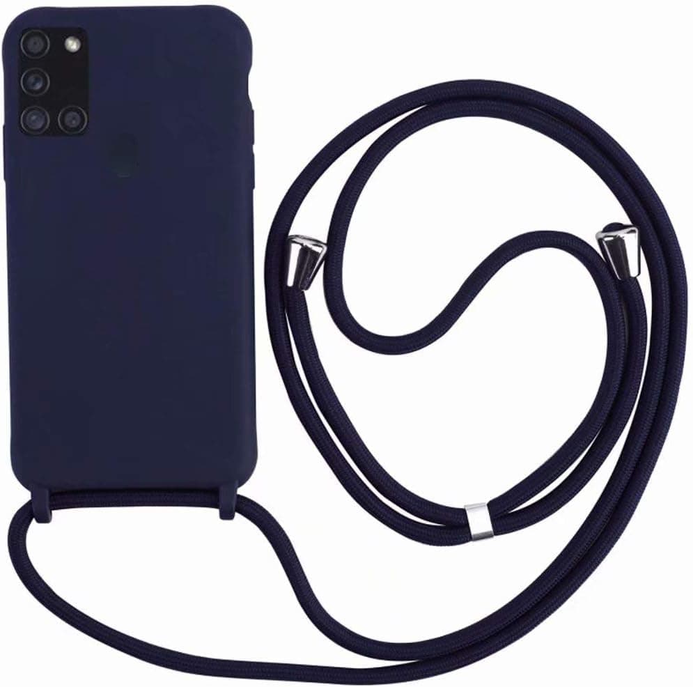 Funda Compatible con Samsung Galaxy A21S,Ajustable Collar Correa de Cuello Cordón Cuerda Carcasa TPU Bumper Silicona Skin Caso para Samsung Galaxy A21S-Azul