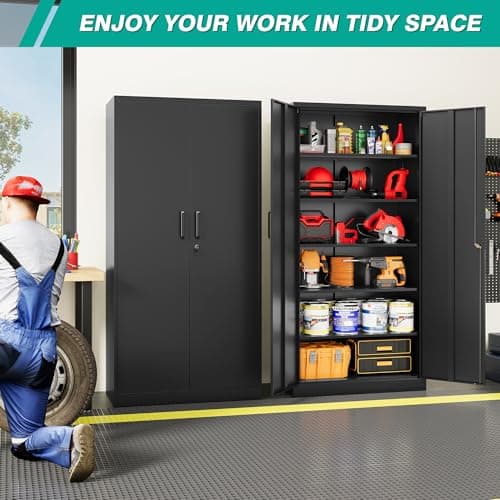 Metal Storage Cabinet with 2 Doors and 6 Shelves,Black Metal Cabinet with Lock,71" Lockable Garage Storage Cabinets,Locking File Cabinet,Steel Tool Cabinets for Home,Office,Garage,Shop,School — view 3