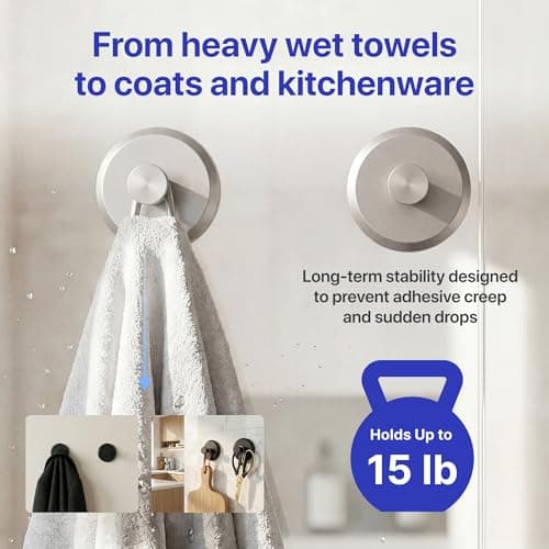 HOME SO Suction Cup Hooks for Shower & Bathroom Towel Holder 2-Pack – Suction Cups Hooks for Hanging Towels, Robes, & Coats - Tiles, Glass Door or Mirror – Shower Hooks & Towel Hooks Organizer -Nickel — view 3
