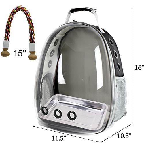 Bird Traval Carrier Cage, Clear Space Capsule Astronaut Backpack to Carry Parakeet Cockatiel Parrot with Metal Tray Wood Perch, Vet Transport School Bag
