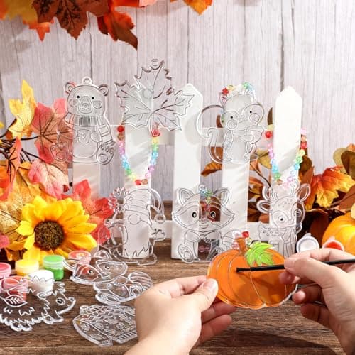 Beeveer 30 Sets Fall Animals Suncatchers Art Kits DIY Thanksgiving Squirrels Owl Suncatcher Crafts Paint Your Own Window Ornaments for Adults Autumn Activity Party Favor