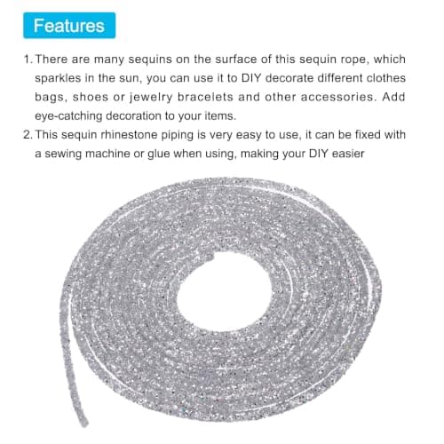 MECCANIXITY 5 Yard 6mm 0.24 inch Glitter Sequins Rope Sequins Rhinestone Tube Cord for DIY Wedding Dresses Costume Clothing Shoes Jewelry Accessory Gray Silver — view 3