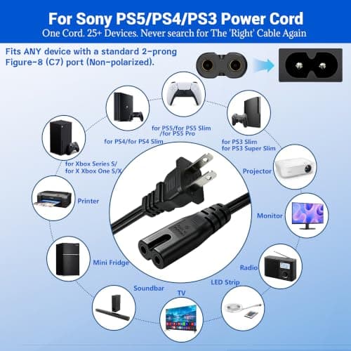 for Sony PS4 Power Cord 2 Prong: for Xbox One Series S/X AC Power Cable — view 3