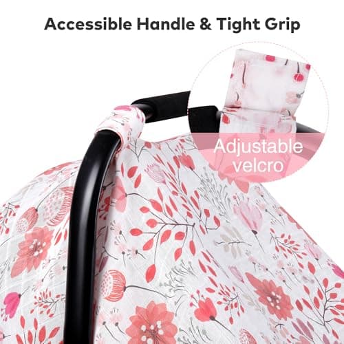 Rquite Infant Car Seat Cover for Babies Girls, Muslin Cotton Carseat Canopy, Breathable Stroller Sun Shade, Baby Shower Gift & Newborn Essentials, Universal Fit Summer & Hot Weather (Pink Flowers) — view 5