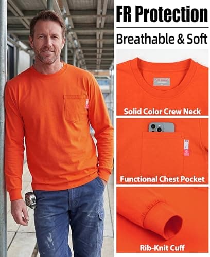 KONRECO FR Tee Shirts High Visibility Lightweight 6oz Long Sleeve Hi-Vis Flame Resistant Safety Shirts CAT 2, Orange, X-Large — view 3