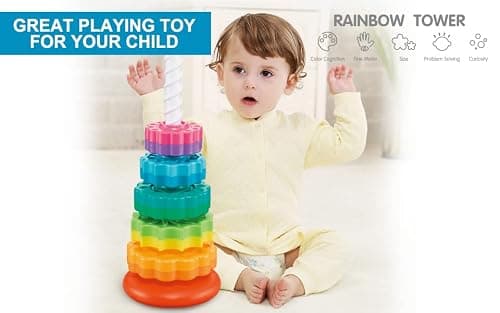 FineSource Plastic Rainbow Stacker Toddler Spinning Toy Early Intervention Toys Stacking Rings Toy Learning Toys for 12 MonthsBaby Boys Girls (12) — view 4