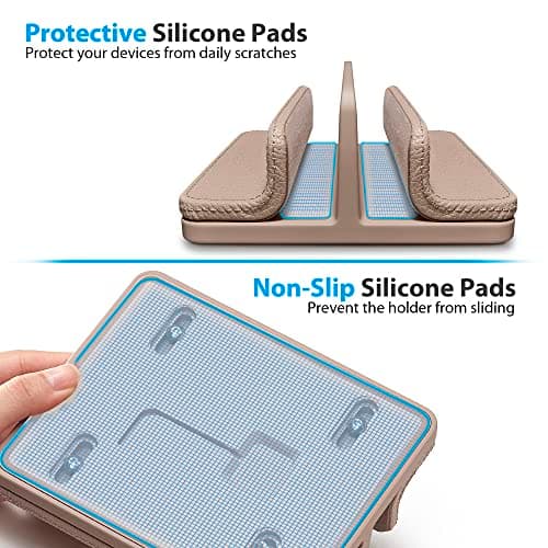 CoStySee Leather Vertical Laptop Stand,Dual Laptop Holder Stand,Laptop Organizer with Adjustable Dock (18-26mm/0.7-1 in) for All MacBook/Tablet/Surface/Dell/iPad (Apricot) — view 4