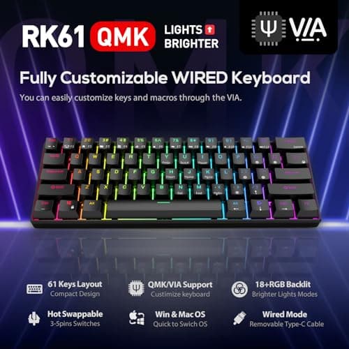 RK ROYAL KLUDGE RK61 Wired 60% Mechanical Gaming Keyboard Programmable QMK/VIA RGB Backlit 61 Keys Ultra-Compact Hot Swappable Red Switch Black